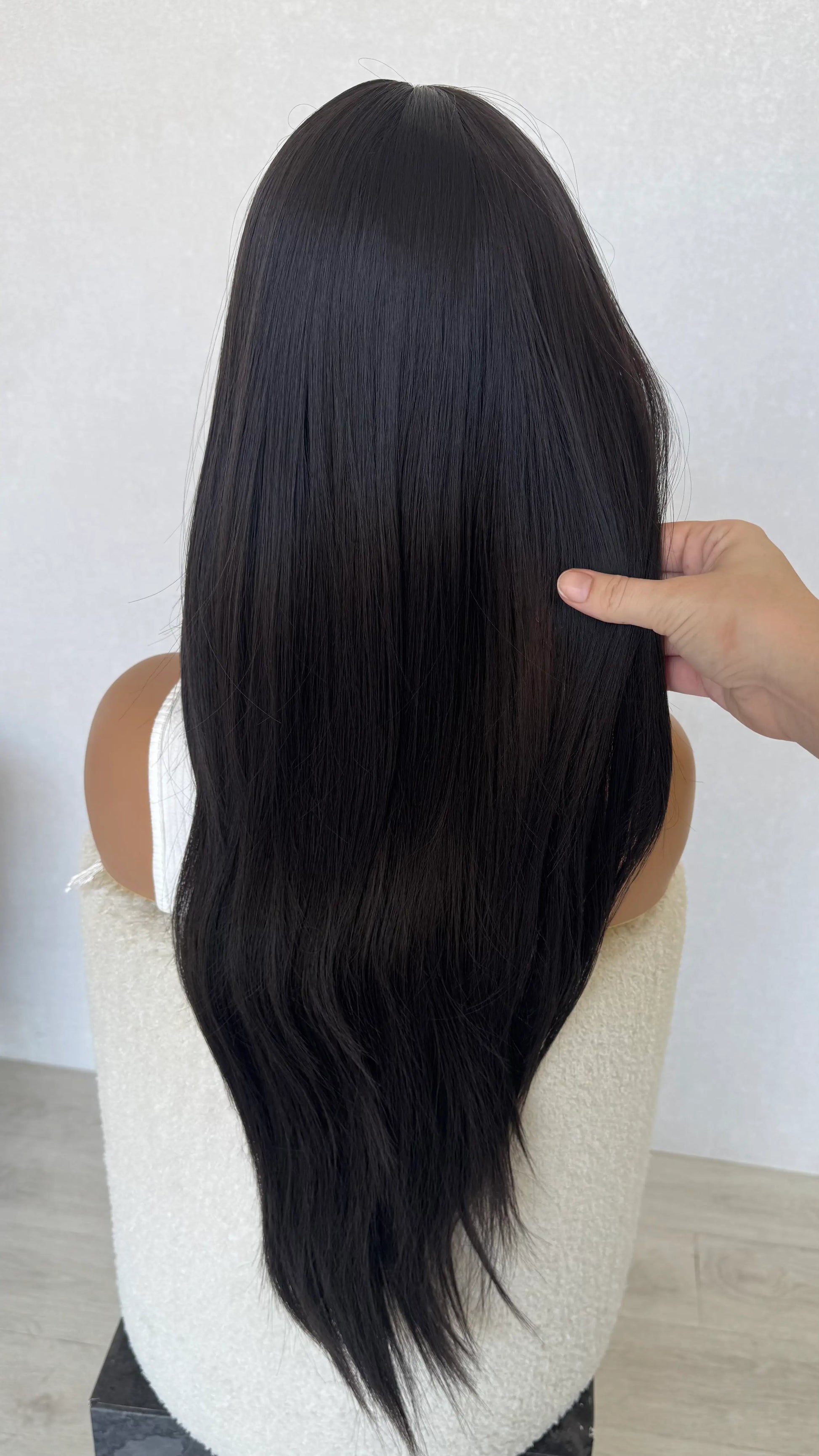 dark brunette synthetic wig, heat safe gluless hair.