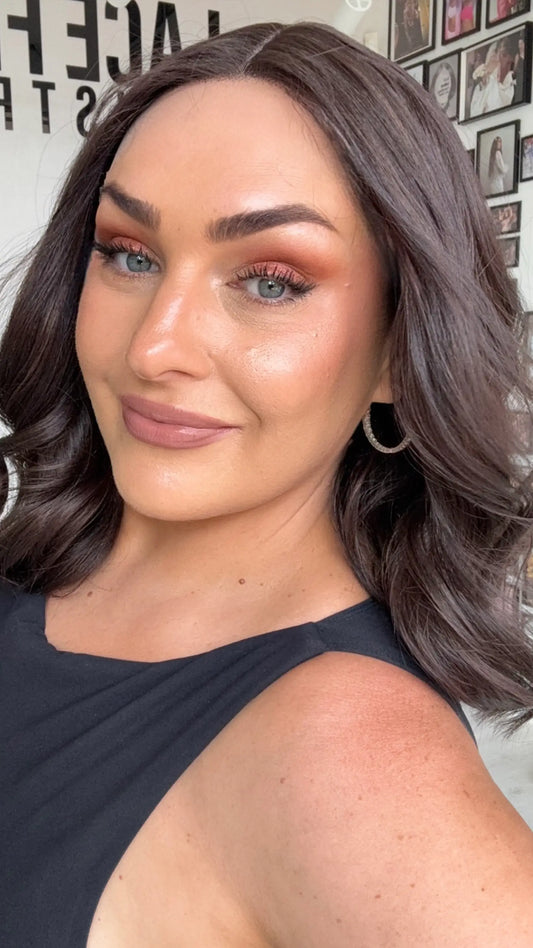 dark brunette t-part lace wig wavy hair middle parting.