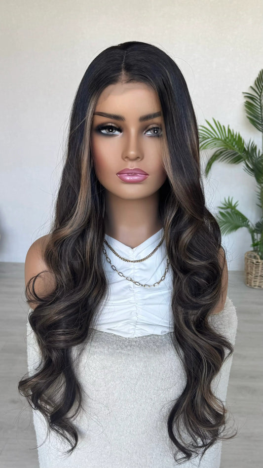 dark brunette lacefornt wig, middle part, highlights of blonde around face.