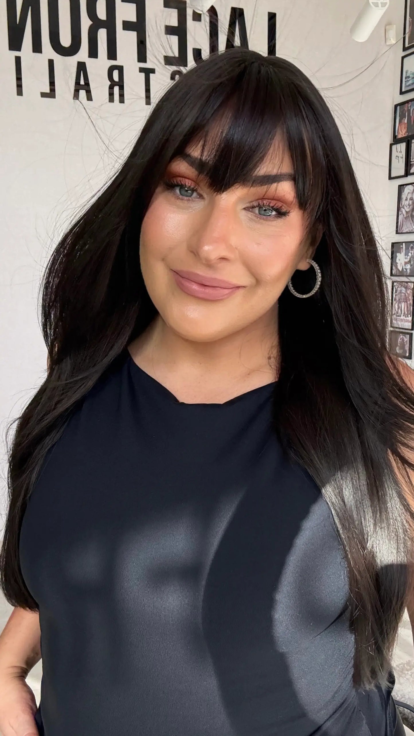 dark brunette layered wig, fringe wigs with middle parting, heat safe wig australia. best synthetic australia.