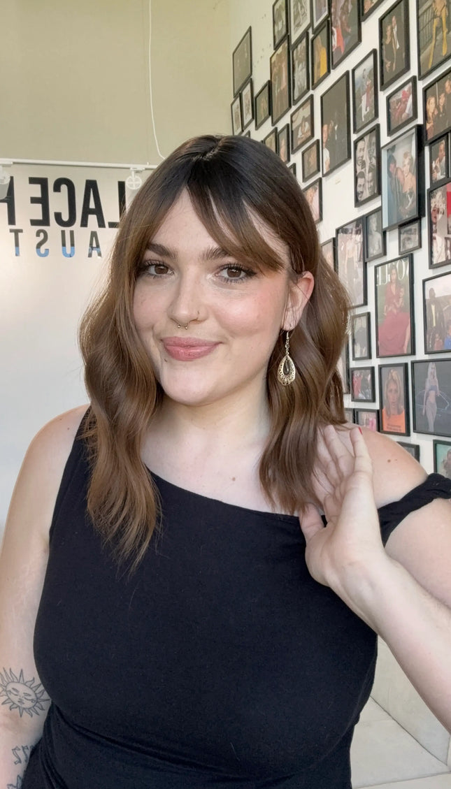 dark brown ombre heat safe synthetic wig, middle parting with fringe