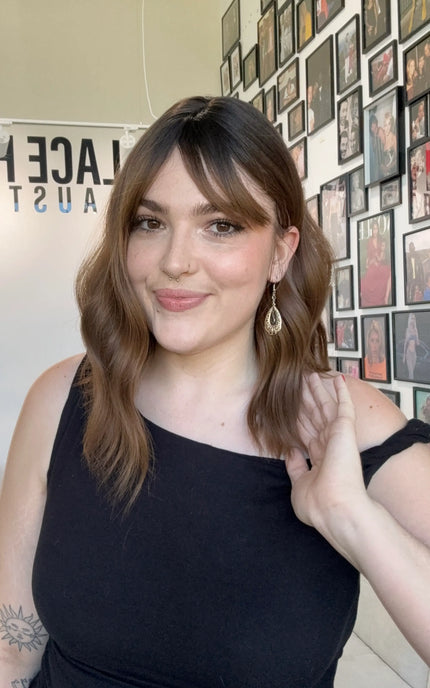 dark brown ombre heat safe synthetic topper, middle parting with fringe