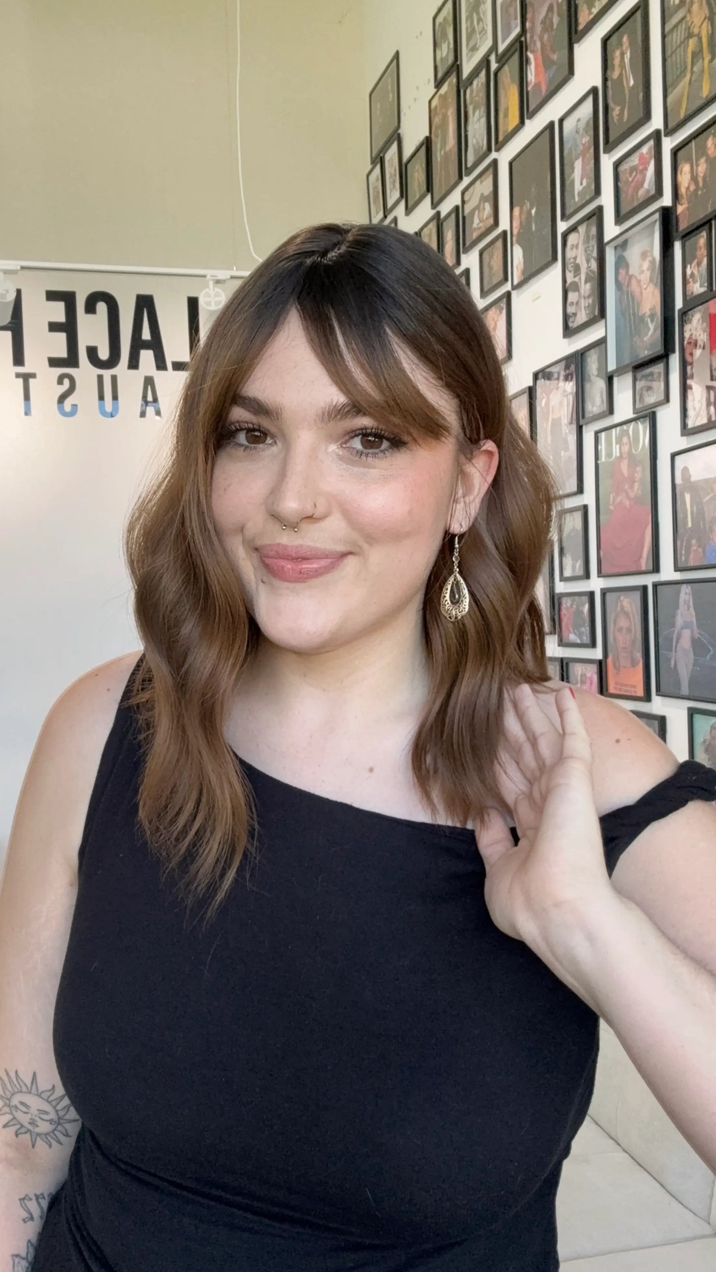 dark brown ombre heat safe synthetic topper, middle parting with fringe