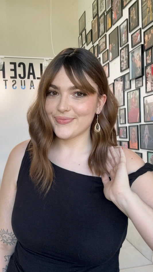 dark brown ombre heat safe synthetic topper, middle parting with fringe