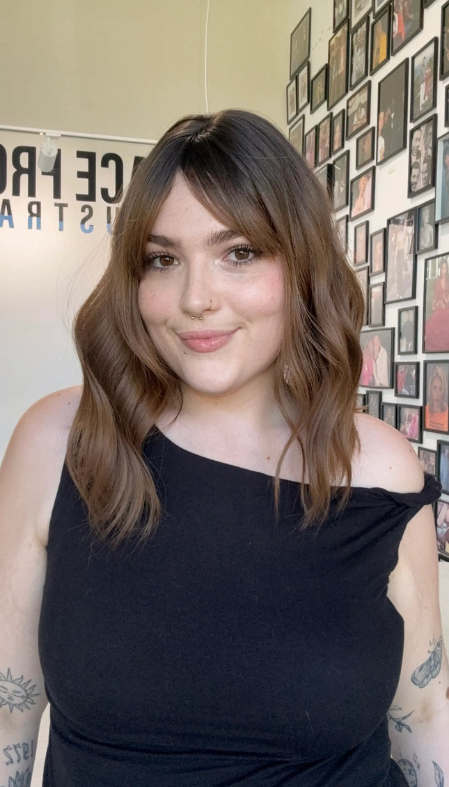 wavy hair wig with middle parting, dark brown ombre with heat safe hair.
