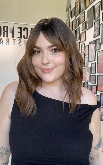 wavy hair topper with middle parting, dark brown ombre with heat safe hair.