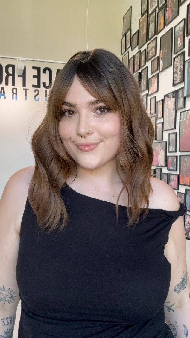 wavy hair topper with middle parting, dark brown ombre with heat safe hair.