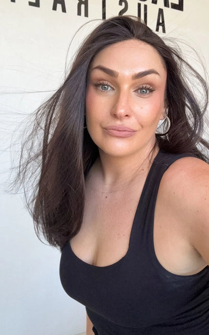 dark brunette t-part synthetic, hair blown over, long straight hair, heat safe synthetic wig australia, gold coast.