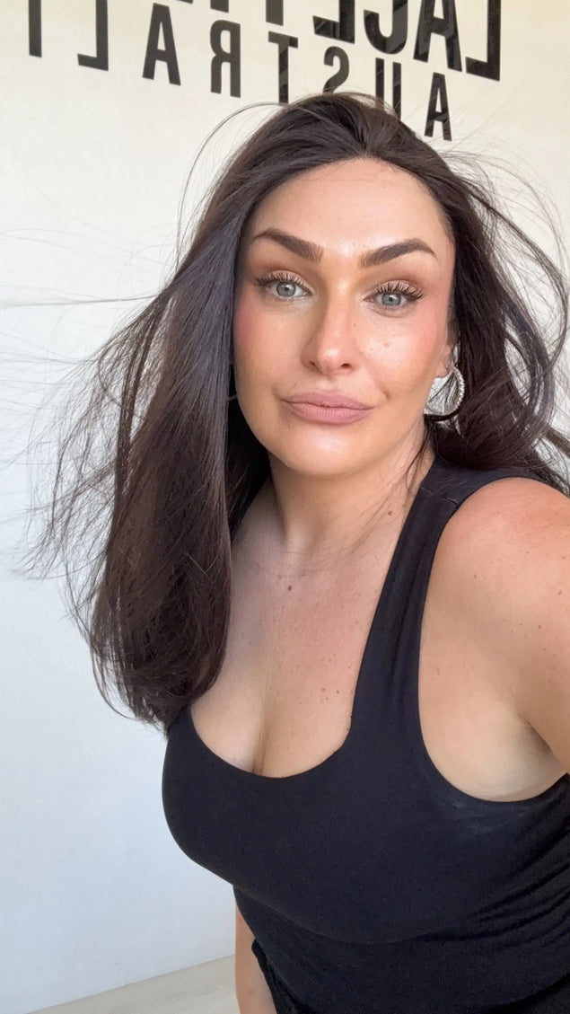 dark brunette t-part synthetic, hair blown over, long straight hair, heat safe synthetic wig australia, gold coast.