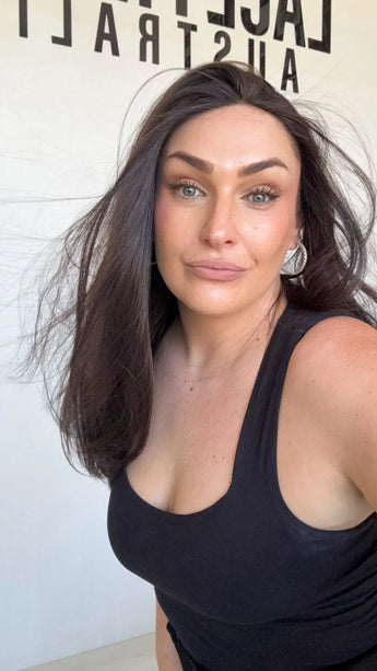 dark brunette t-part synthetic, hair blown over, long straight hair, heat safe synthetic wig australia, gold coast.