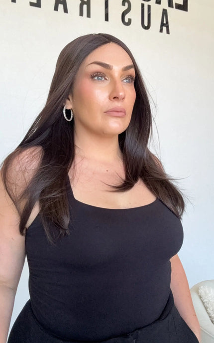 dark brunette heat safe synthetic wig, glueless t-part lace. australia gold coast.