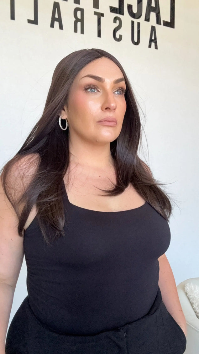 dark brunette heat safe synthetic wig, glueless t-part lace. australia gold coast.