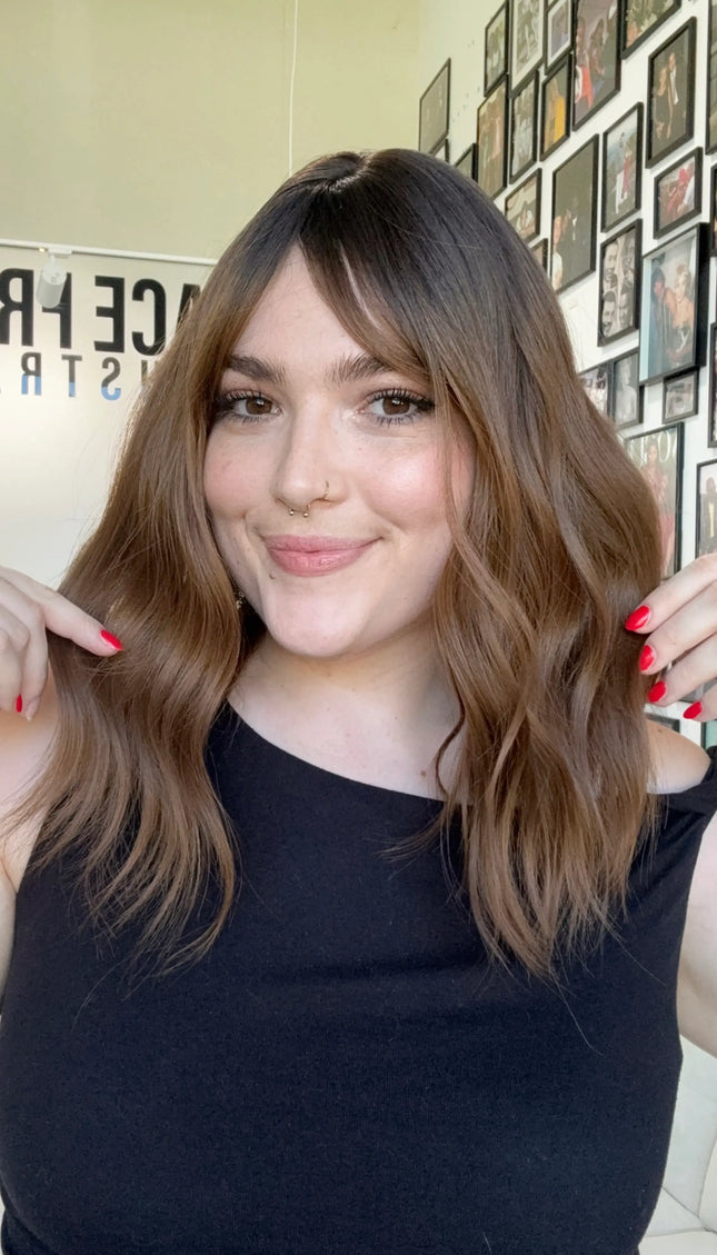 wavy hair wig with middle part and fringe, warm toned brunette ombre