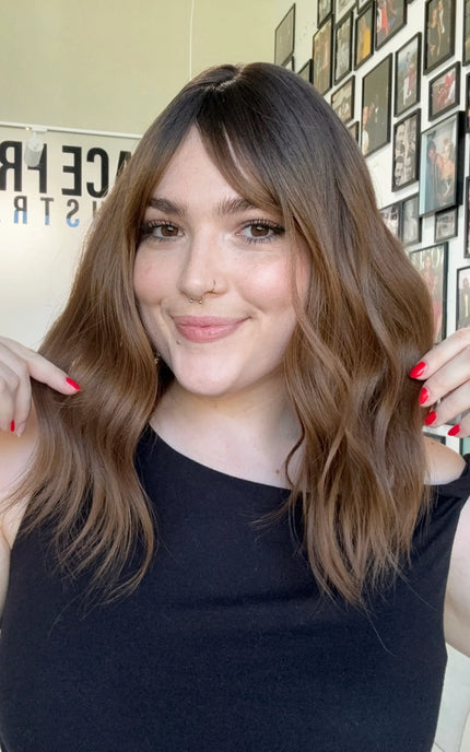 wavy hair topper with middle part and fringe, warm toned brunette ombre