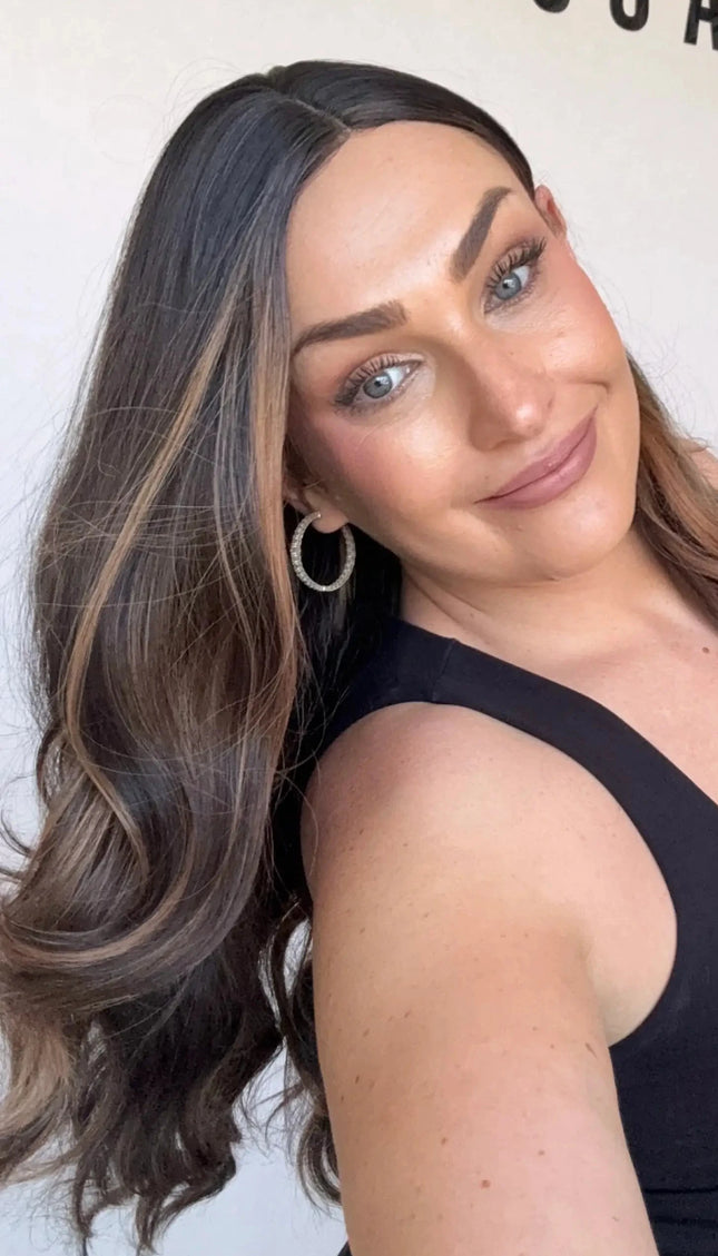 heat safe, glueless synthetic, middle part , long hair, dark brunette with highlights.