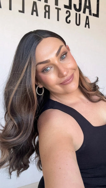 heat safe, glueless synthetic, middle part , long hair, dark brunette with highlights.