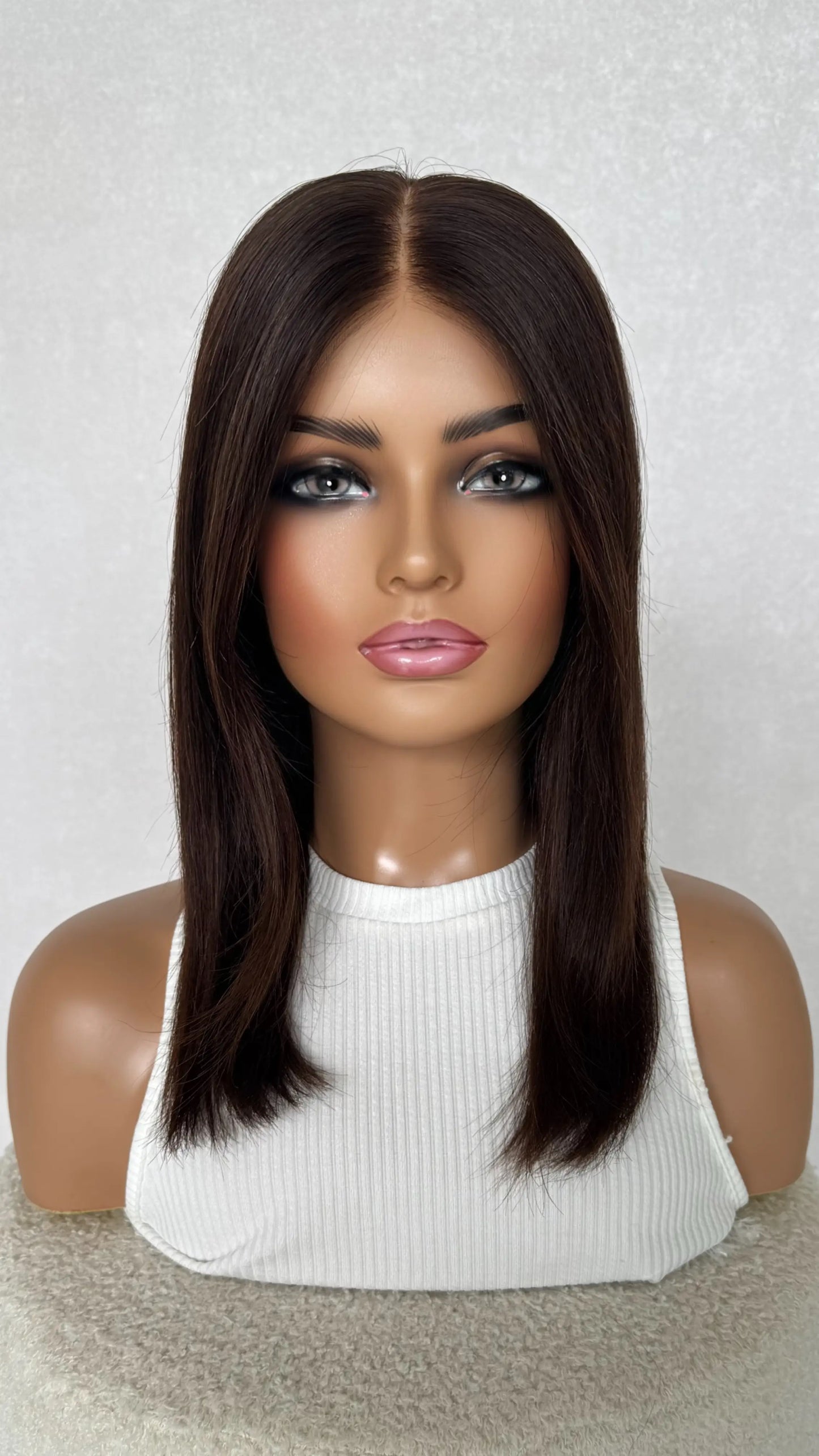 Ready to ship, sale lace front dark chestnut colour, 18 inch length.