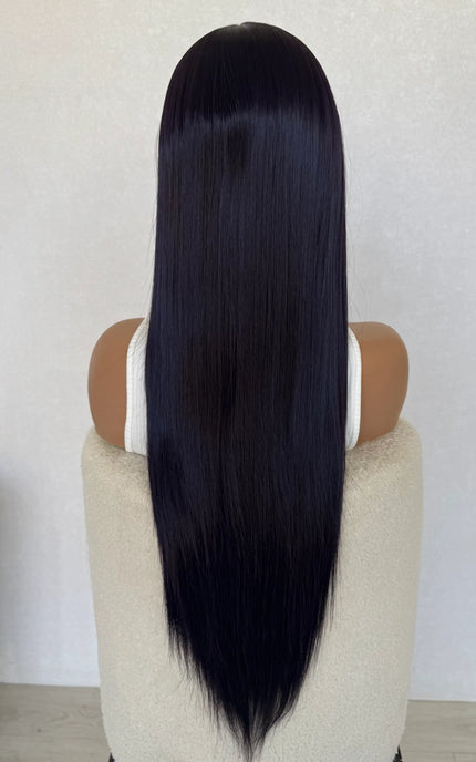 dark purple, long hair, heat safe synthetic wig.