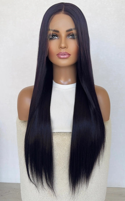 lace front synthetic, dark purple, heat safe, changeable parting.