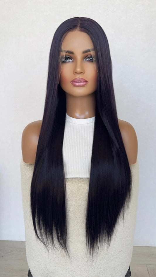 lace front synthetic, dark purple, heat safe, changeable parting.