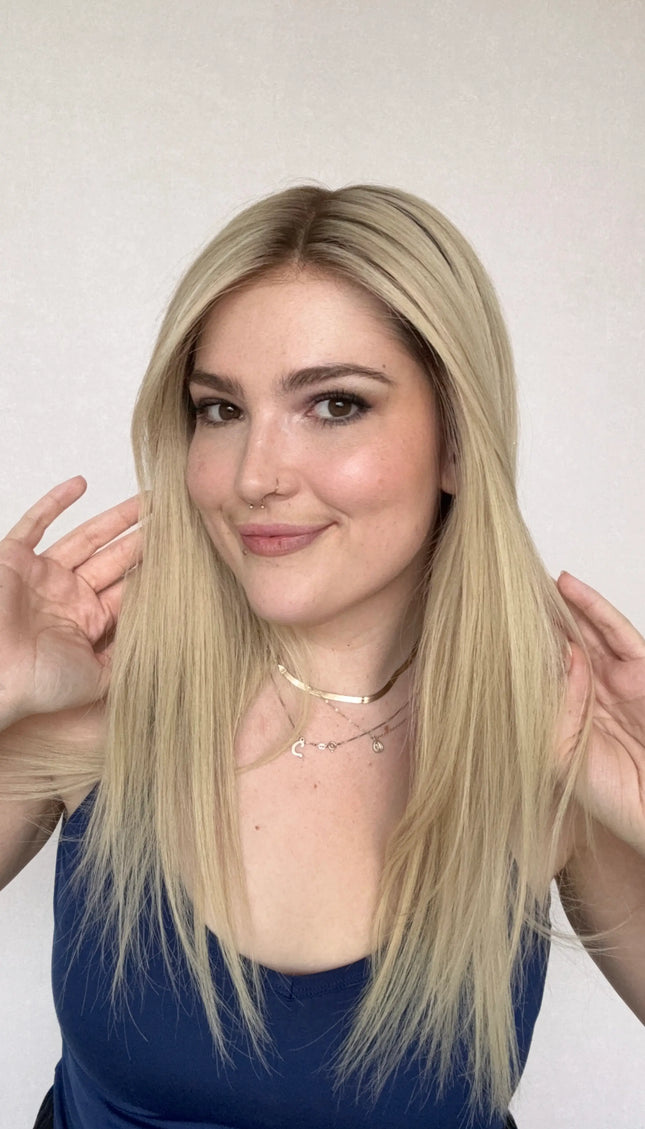 human hair front wig, 22 inch length, creamy blonde hair with darker root and lowlights throughout, australia, gold coast wigs. 
