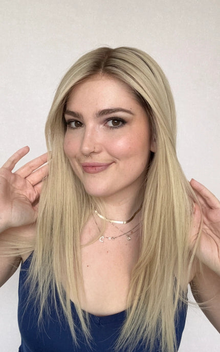 human hair front wig, 22 inch length, creamy blonde hair with darker root and lowlights throughout, australia, gold coast wigs. 