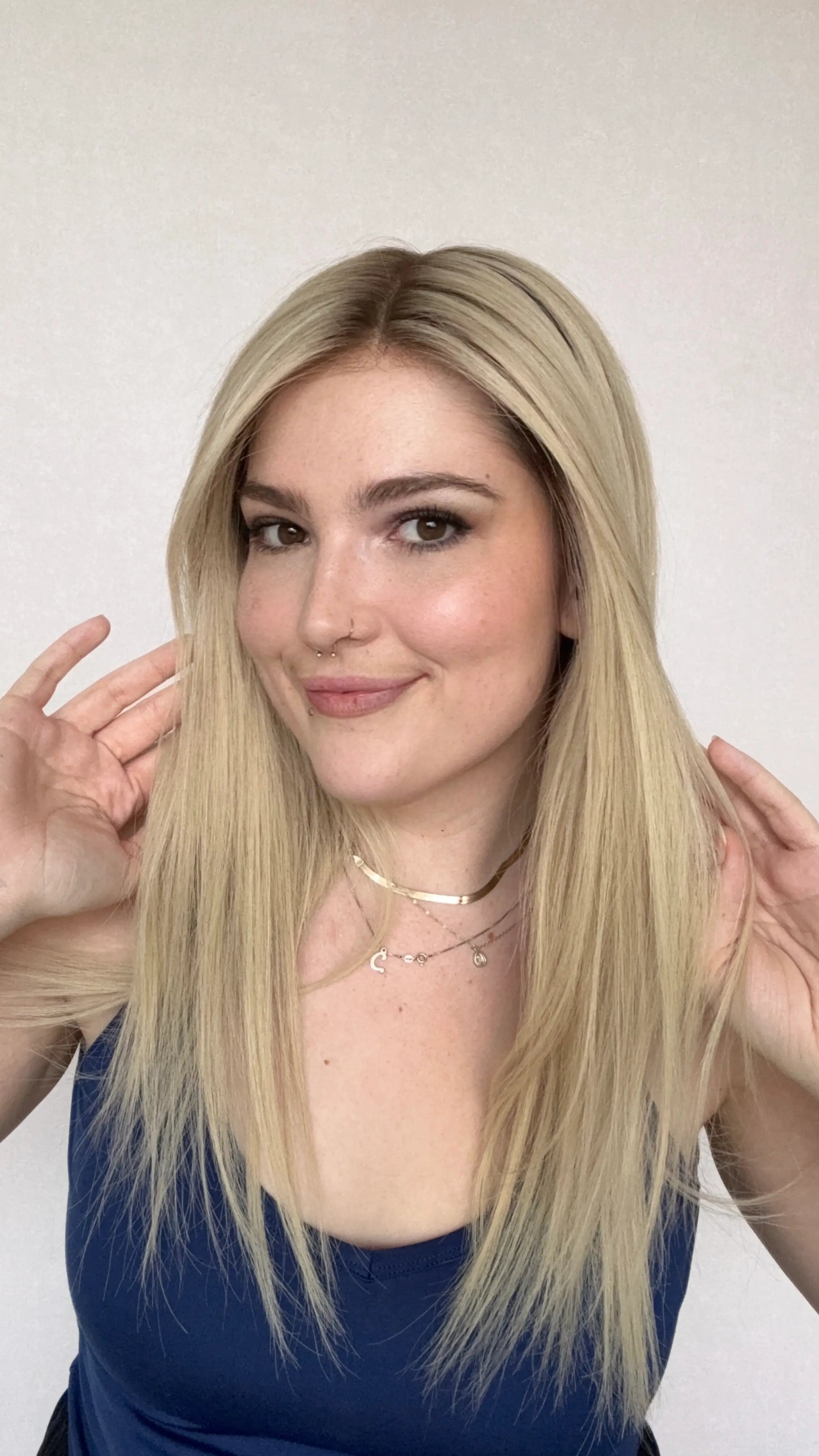 human hair front wig, 22 inch length, creamy blonde hair with darker root and lowlights throughout, australia, gold coast wigs. 