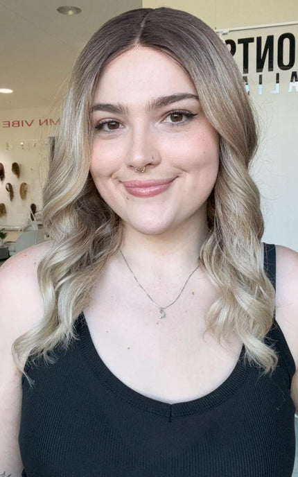 wavy synthetic glueless wig with middle part, 14-16 inch.