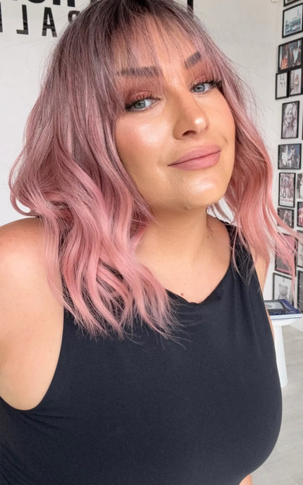 wavy hair wig darker root, middle part, heat safe synthetic wig.