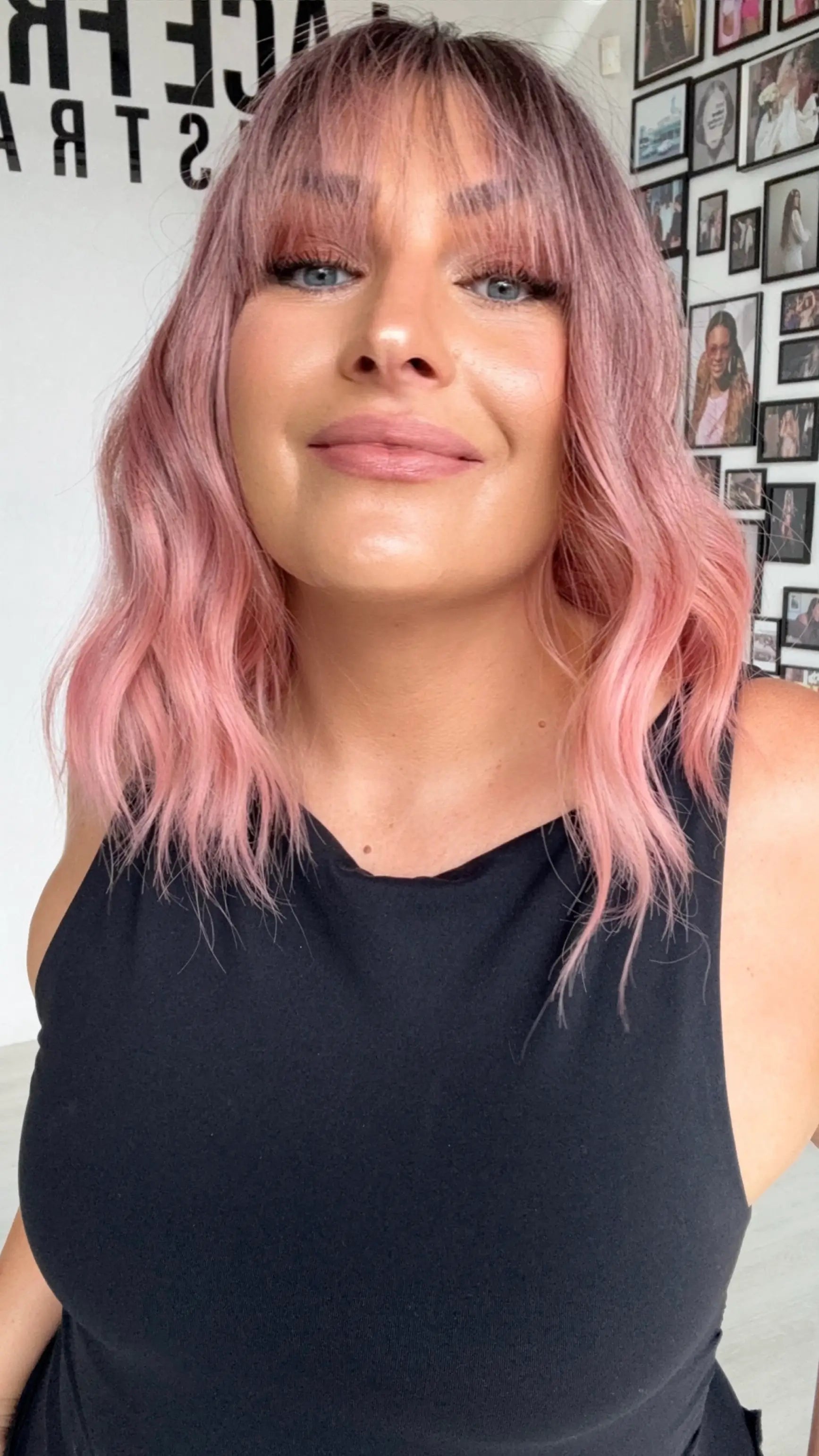 dark root to wavy pink hair wig, middle parting with 14 inch length. heat safe and glueless wig.