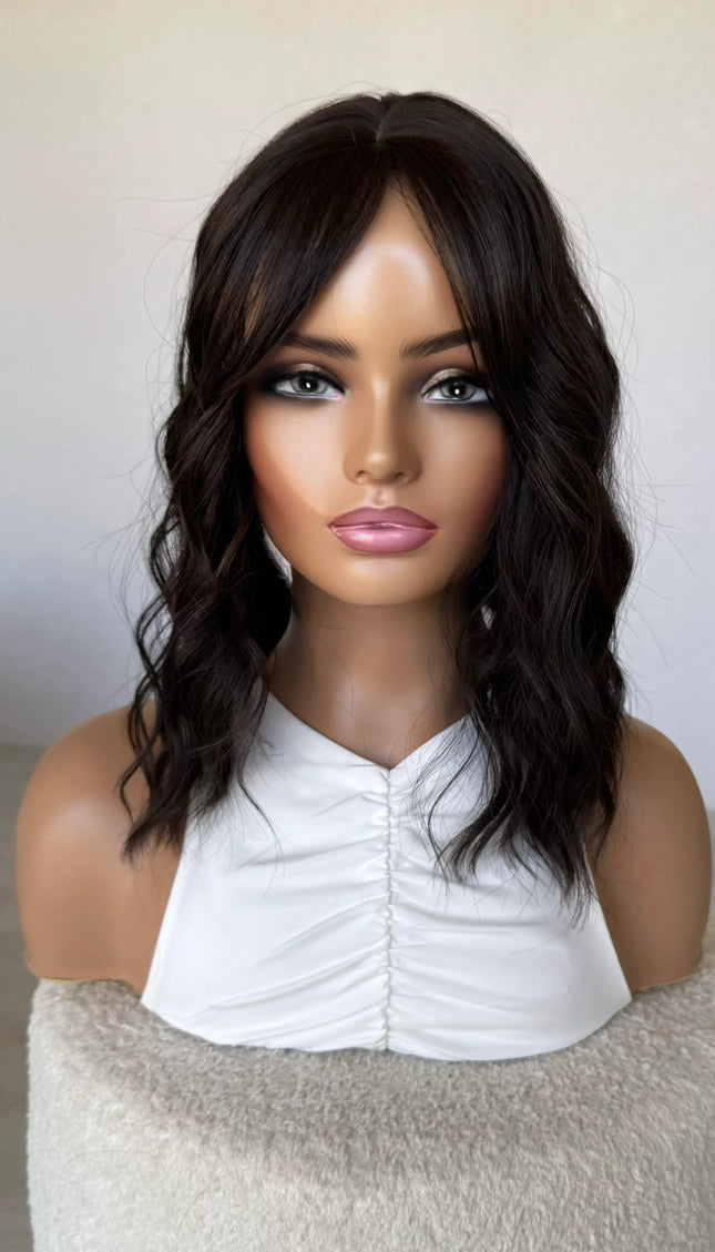 wavy brunette topper, middle part synthetic hair 