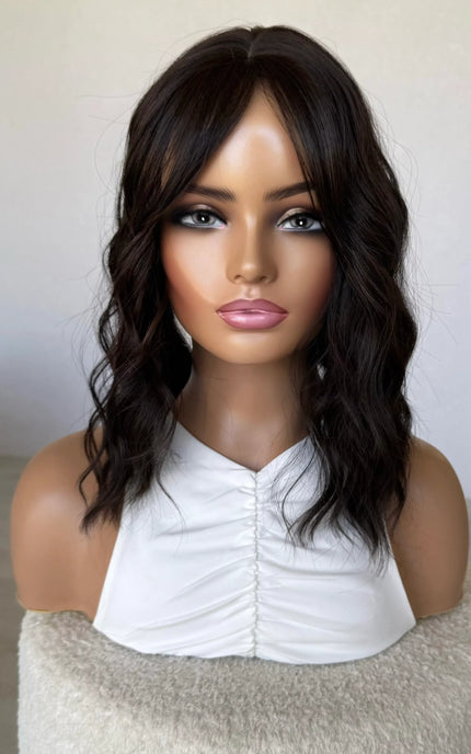 wavy brunette topper, middle part synthetic hair 