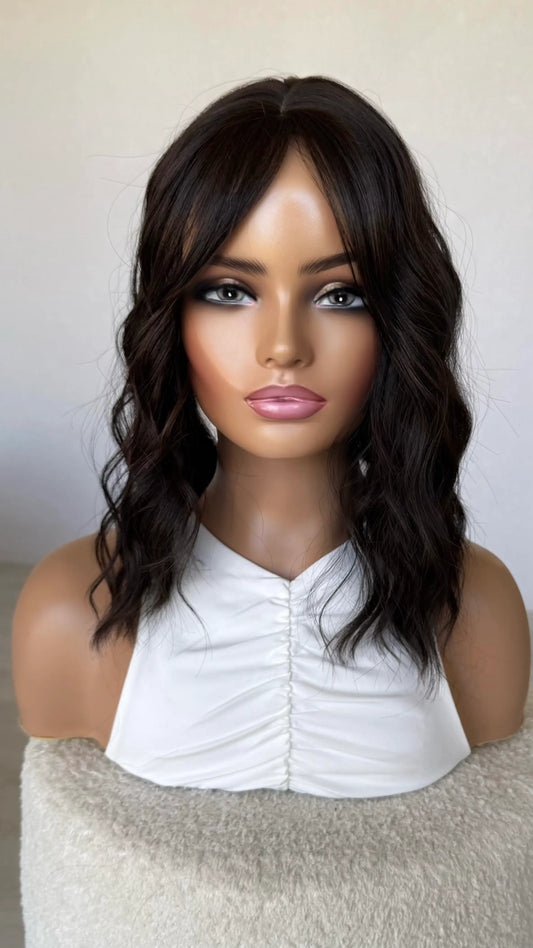 wavy brunette topper, middle part synthetic hair 