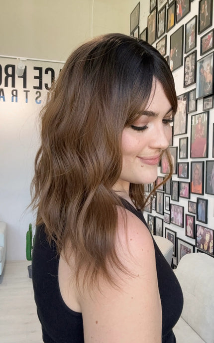 heat safe glueless dark brown ombre synthetic topper, synthetic toppers australia, gold coast.