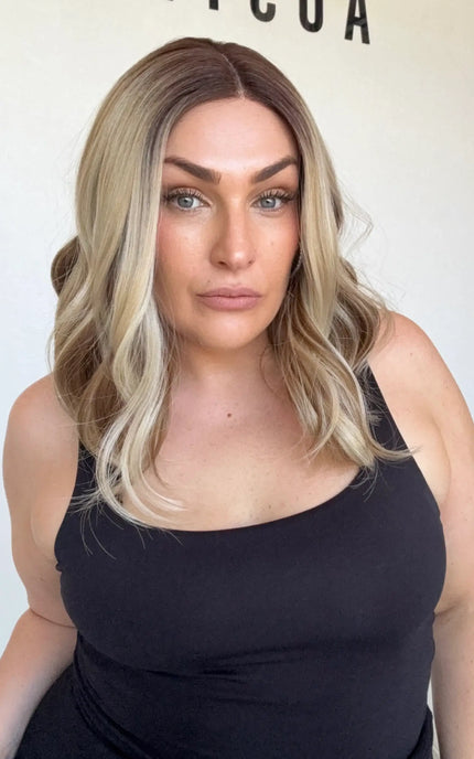 synthetic wig multi colour, darker root wavy hair, lace front wig australia, gold coast.