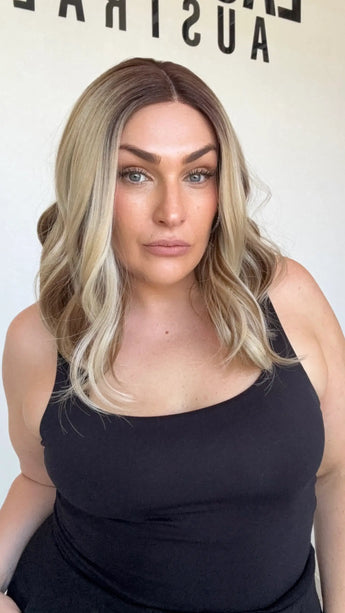 synthetic wig multi colour, darker root wavy hair, lace front wig australia, gold coast.