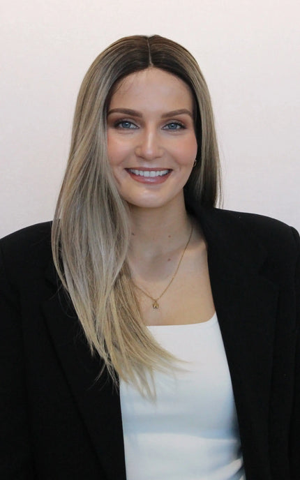 t-part ash ombre synthetic wig, darker root, straight hair wig, heat safe hair. gold coast synthetic.