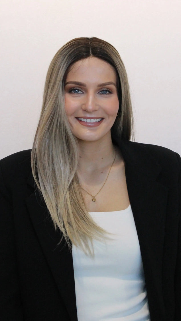 t-part ash ombre synthetic wig, darker root, straight hair wig, heat safe hair. gold coast synthetic.