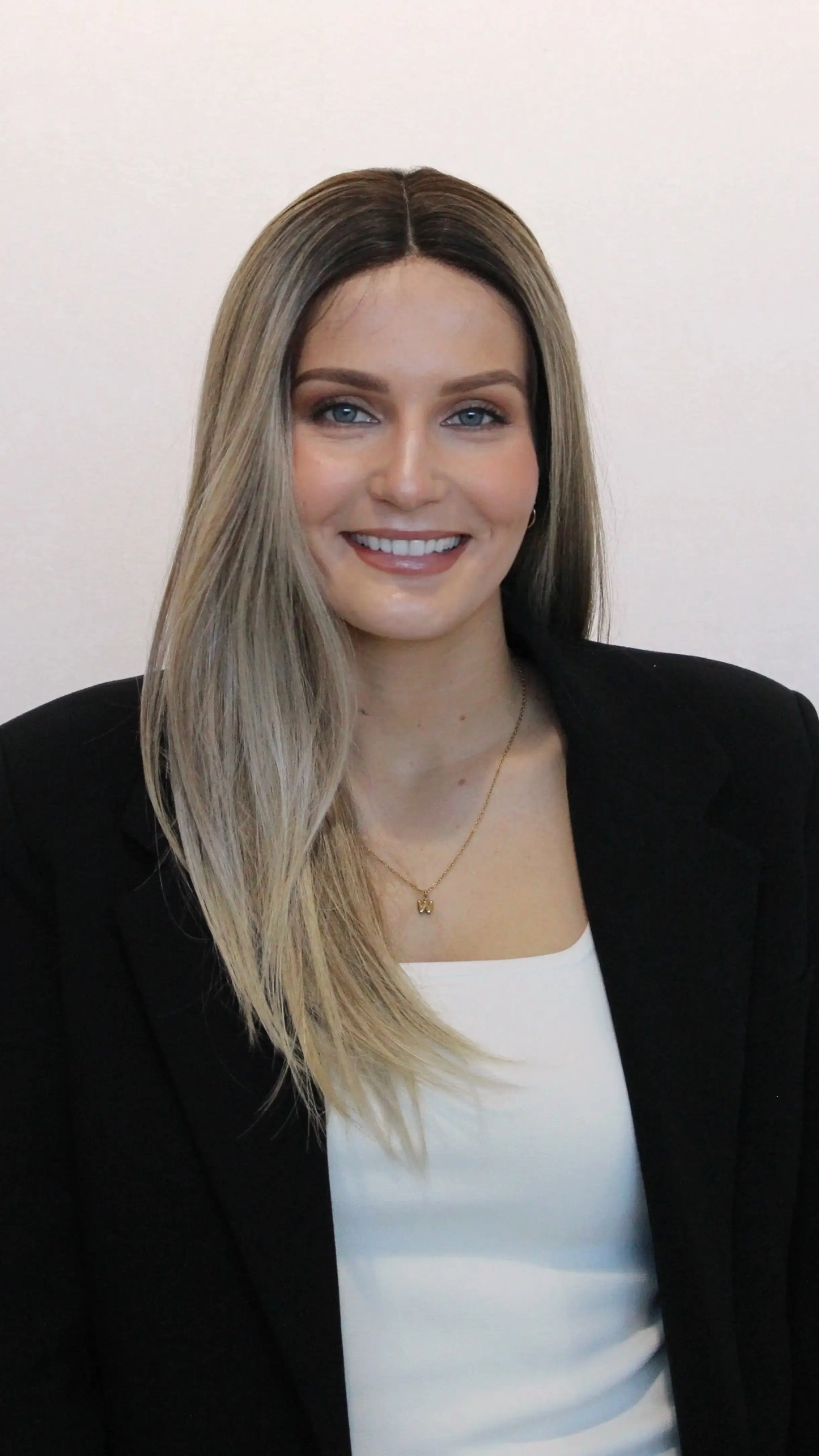 t-part ash ombre synthetic wig, darker root, straight hair wig, heat safe hair. gold coast synthetic.