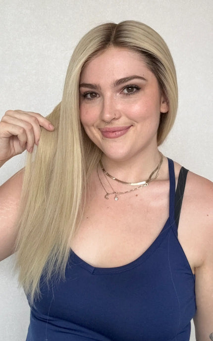australia human hair wigs, darker root to creamy blonde, 22 inch hair length wig, lace front australia.