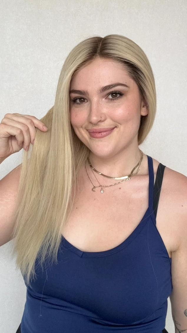 australia human hair wigs, darker root to creamy blonde, 22 inch hair length wig, lace front australia.