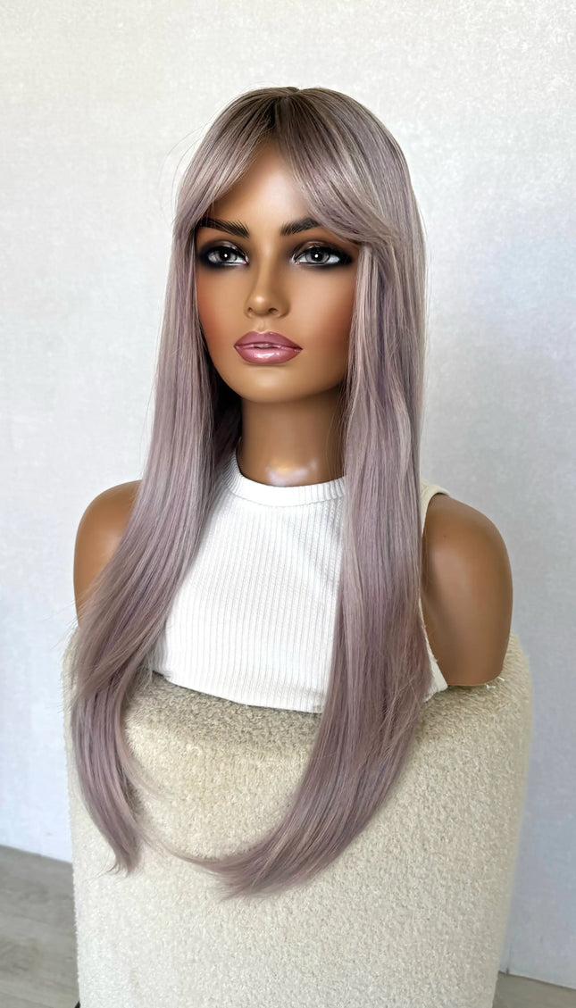 long purple fringe topper, middle part, heat safe.