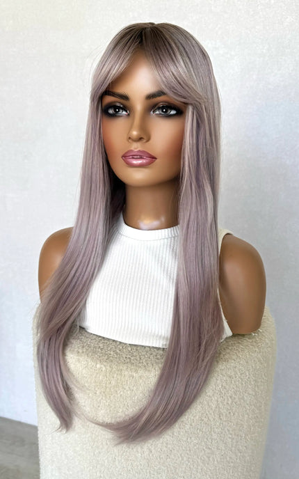 long purple fringe topper, middle part, heat safe.