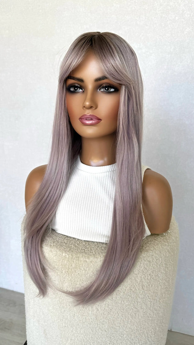 long purple fringe topper, middle part, heat safe.