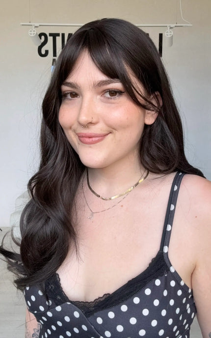 natural looking darkest brown synthetic with fringe, australia.