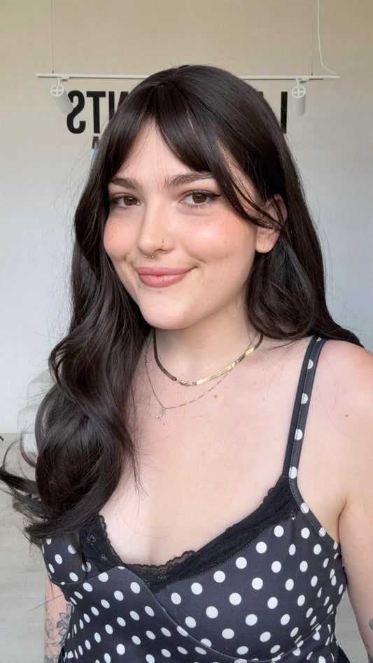 natural looking darkest brown synthetic with fringe, australia.