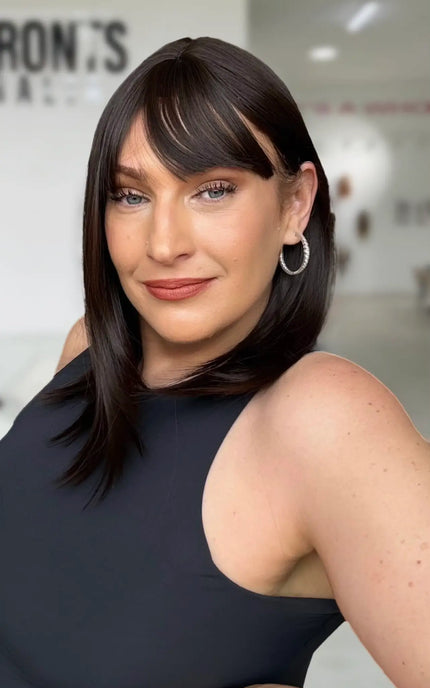 long bob style darkest brunette straight hair wig with middle part and fringe, heat safe hair.