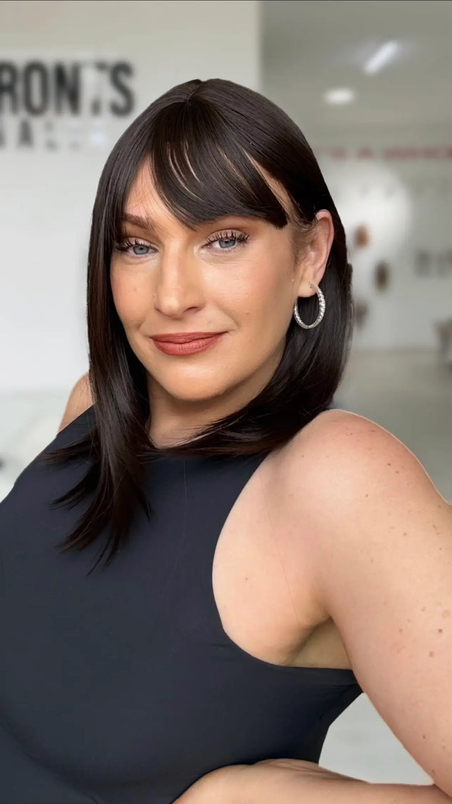 long bob style darkest brunette straight hair wig with middle part and fringe, heat safe hair.