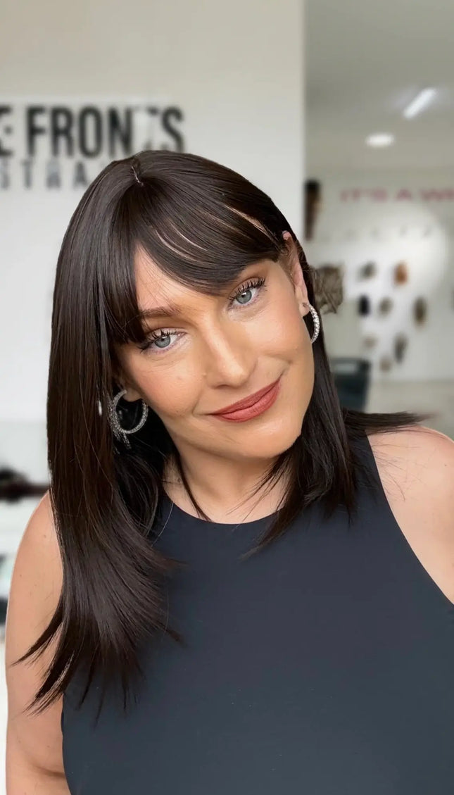 darkest brunette hair straight wig with middle part, long bob style with fringe.