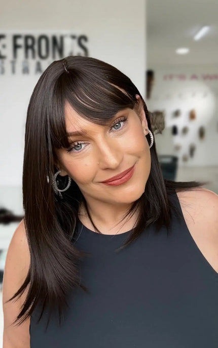 darkest brunette hair straight wig with middle part, long bob style with fringe.